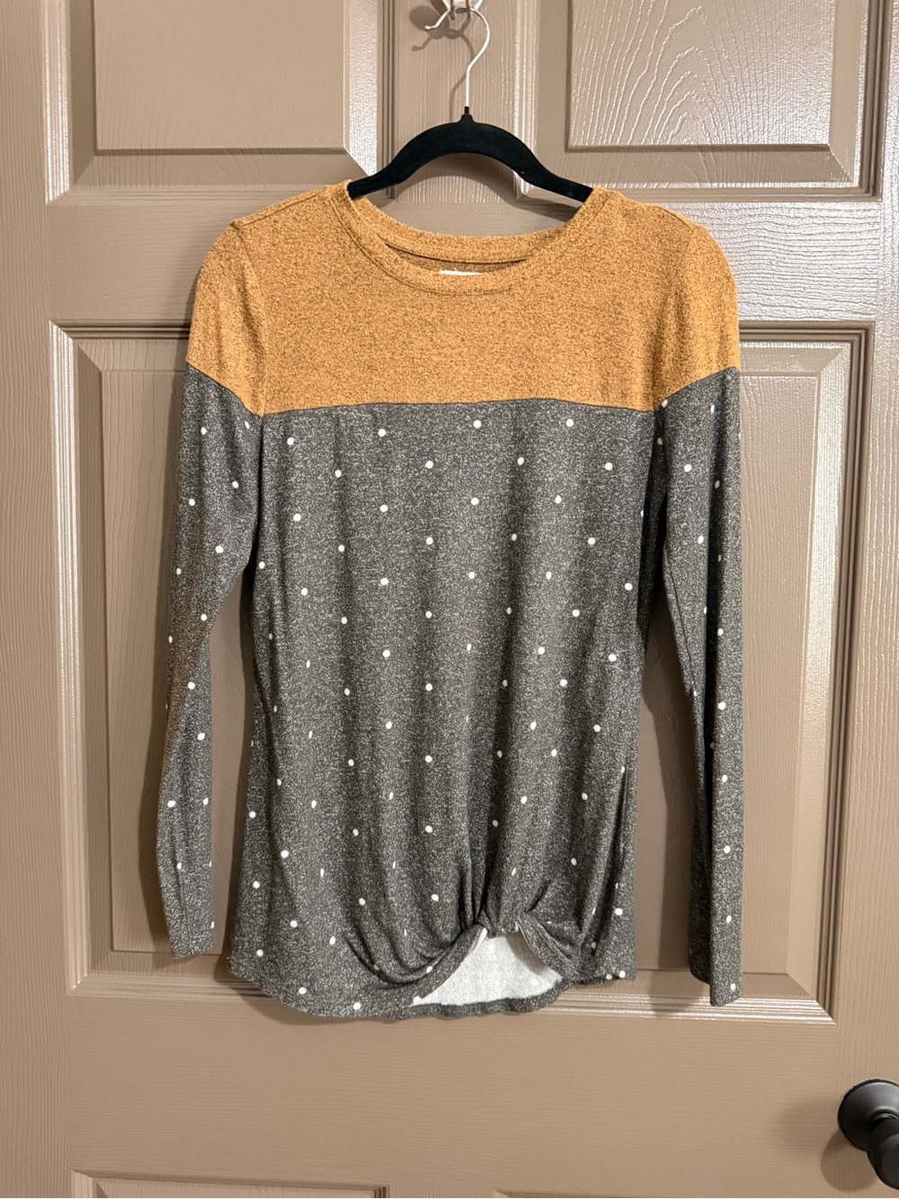 Maurices Mustard and Gray Polka Dot Long-Sleeve Top
